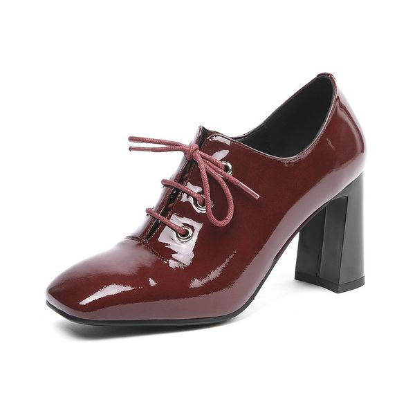 

women basic pumps spring autumn genuine leather high heels shoes woman square toe brand design lace up pumps, Black