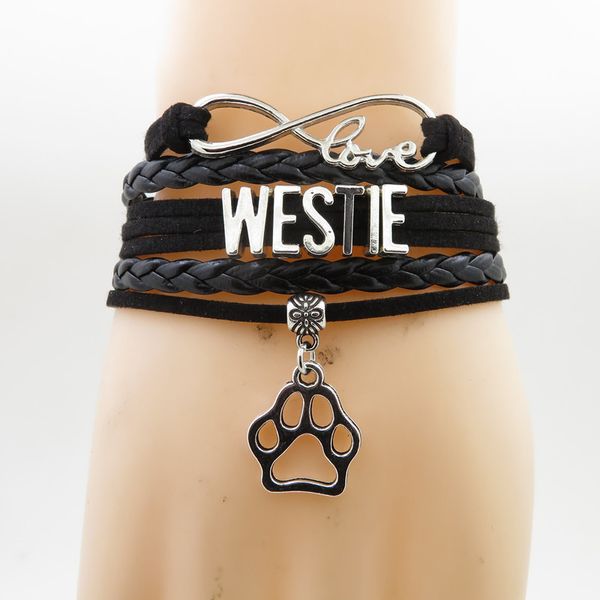

infinity westie bracelet dog gift pet paw charm westie mom blackleather bracelets & bangles for women and man, Golden;silver