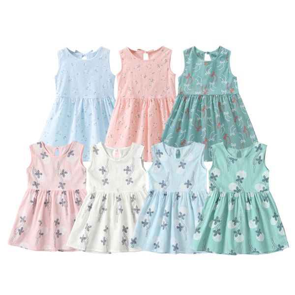 

summer kids girls sleeveless dress leaves print princess dress baby cotton linen outfits, Red;yellow