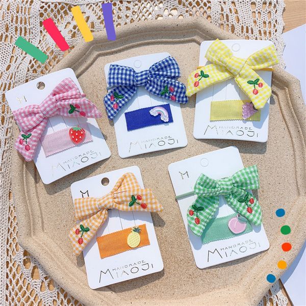

1 pair simple cute embroidery cherry lattice fabric bow rubber band fashion sweet girl children fruit bb clip hair accessories, Slivery;white
