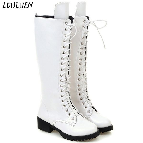 

louluen 2019 boots retro women warm lace-up casual long boots square heels shoes fashion booties roman laarzen bottes #1107, Black