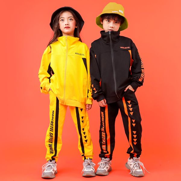 

children cool high neck sweatshirt running track suit casual hip hop pants clothing for girl boy jazz dance costume clothes, Black;red