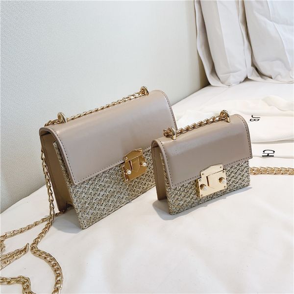 

2019 new fashion women pu straw weave messenger bag small square handbag mother and kid chain lock shoulder crossbody bag bolso