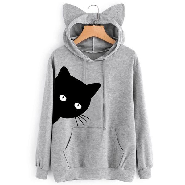 

hoodies sweatshirt women harajuku streetwear cat print hoodie 2018 winter woman clothes gothic fashion moletom tumblr, Black
