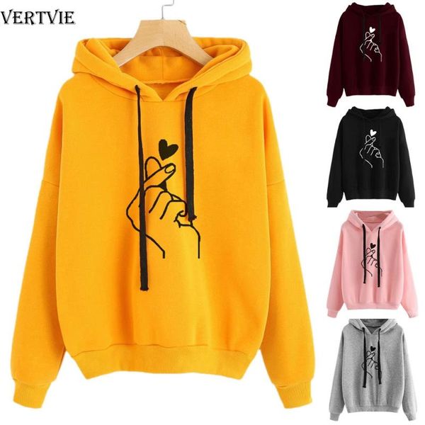 

vertvie women hoodies kpop finger heart love pattern hooded sweatshirts drawstring long sleeve streetwear female pullovers 2020, Black;blue