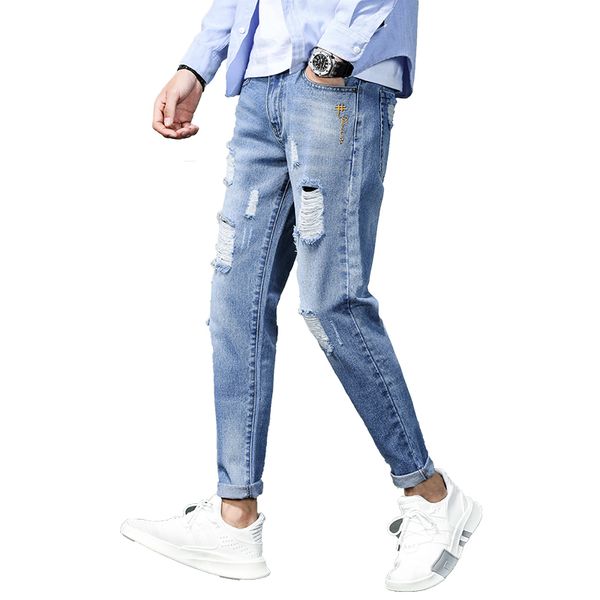 

ripped jeans men's retro elasticity slim youth fashion streetwear personality quality comfortable male denim trousers h817, Blue