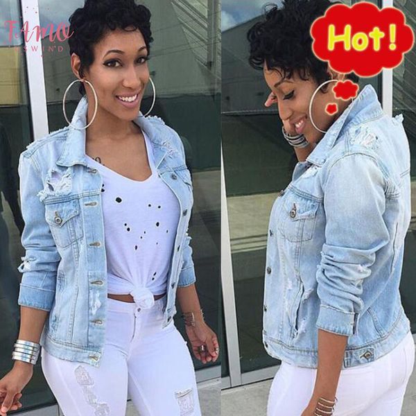 

autumn women fashion plus size jeans jackets for wome casual streetwear lady casual denim broken loose style female basic coats g3p7, Black;brown