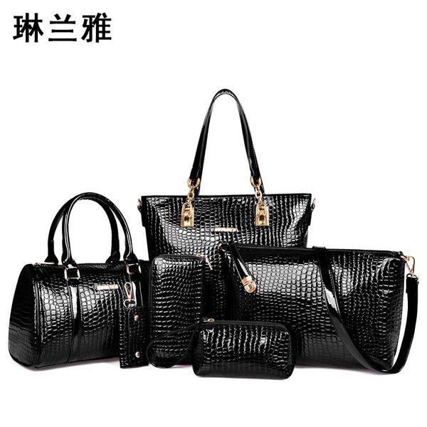 

6 pcs/set women handbag crocodile pattern composite bag stone women messenger bags shoulder bag purse wallet pu leather handbags