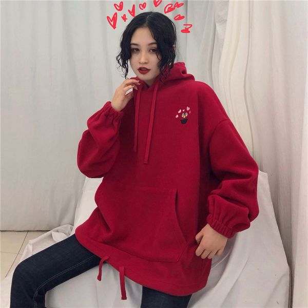 

paris girl winter sesame street embroidery harajuku women's fashion loose bf retro hood plus cashmere casual hoodie sweatshirt, Black