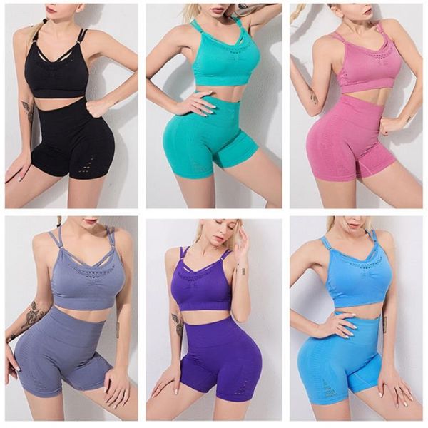 

2pcs/set seamless women yoga set gym clothes fitness yoga bra high waist shorts sports suits athletic wear, White;red