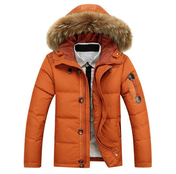 

90% white duck down winter warm coat men's hat detachable fur collar parkas down jacket hooded feather clothing for men male, Black