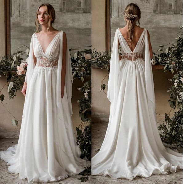 

elegant v neck chiffon boho a line wedding dresses 2019 tulle lace applique sweep train summer beach wedding bridal gowns, White