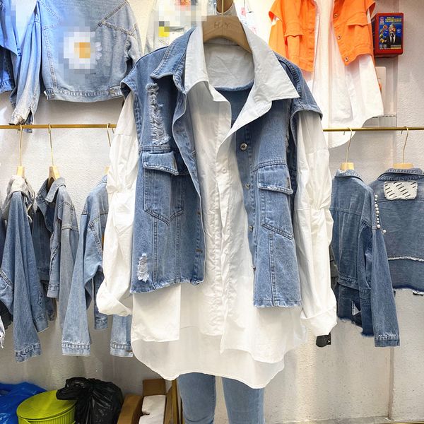 

весна новый повседневный bf жан жилеты пальто из двух частей наборы женский ретро потертый свободный покрой джинсовый жилет + плиссированная, White