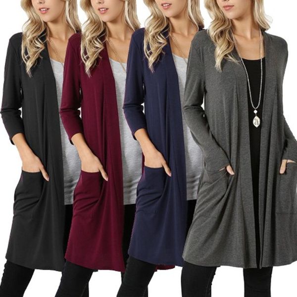 

2019 european and american simple coat long sleeved medium and long cardigan womens wear, Tan;black