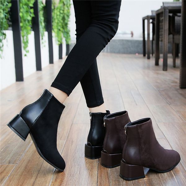 

winter fashion women suede suqare heel zipper solid color short booties round toe shoes round toe leather motorcycle boots, Black