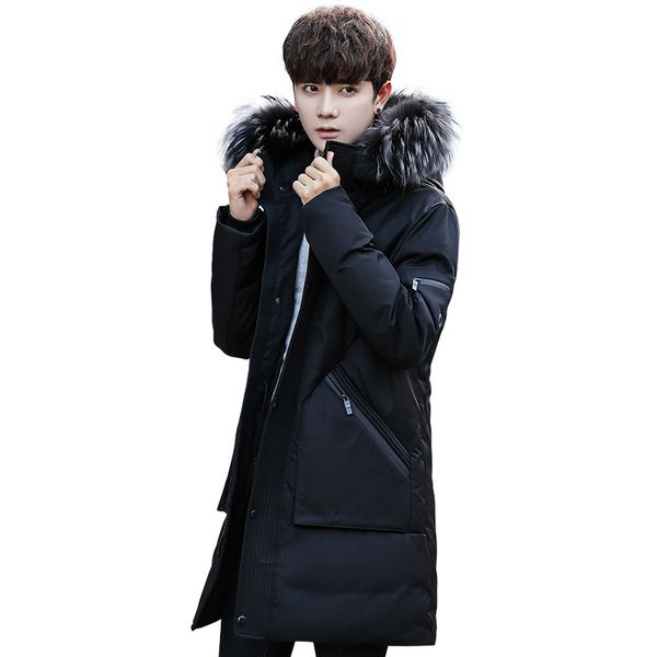 

winter white duck down men's down jacket mid-length hooded thick warm korean-style popular brand men's wear, Black