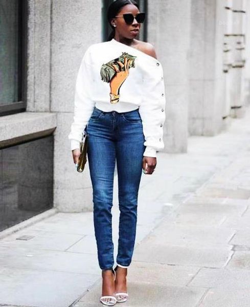 

tshirts sloping shoulder dollar print long sleeve fashion style female clothing casual womens apparel womens autumn designer, White