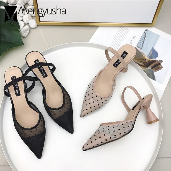 

european lace sandals polka dot lace cat heels slippers women belt wedges sandalias summer shoes ladies flipflops, Black