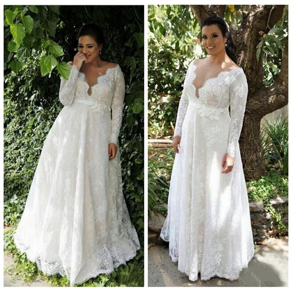 

lace long a-line wedding dresses 2020 modest bridal gowns plus size vestidos de marriage garden retro mariee, White
