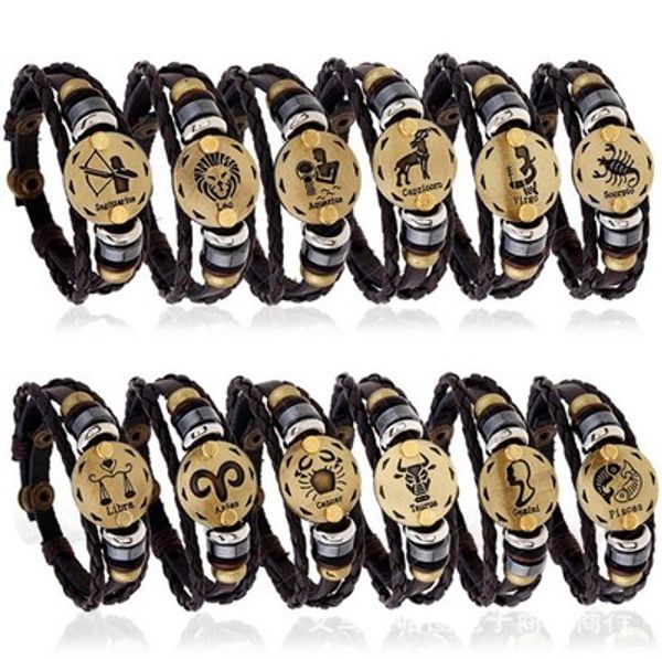 Bracciale 12 costellazioni 2019 Nuovi gioielli di moda Bracciale in pelle da uomo Personalità casual Segni zodiacali Bracciale punk YD0051