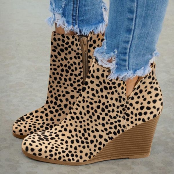 

winter shoes women new fashion casual waterproofÂ leopard wedges ankle side zipper short boots western style ladies boots, Black