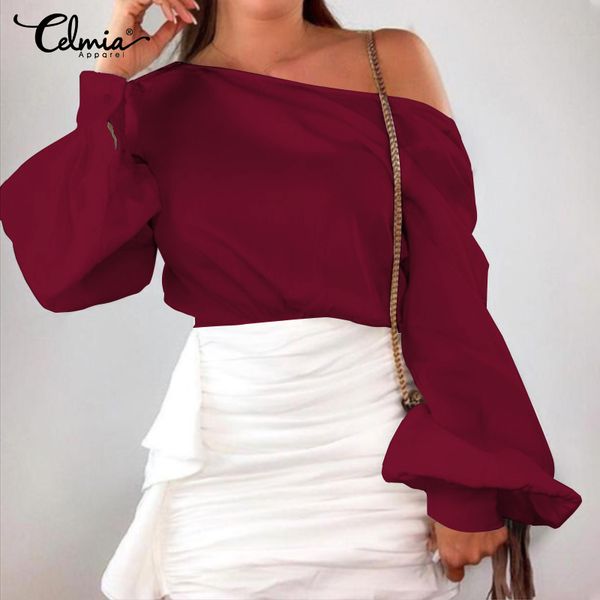 

celmia off shoulder satin blouse women shirt 2019 fashion long lantern sleeve casual loose solid elegant office blusas, White