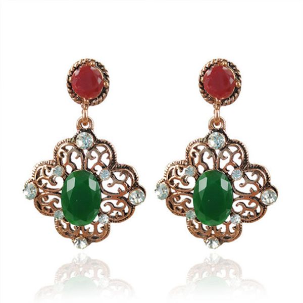 

wholesale 10 pairs gold plated decorative pattern green resin and crystal stud earrings with rhinestone charm jewelry, Golden;silver