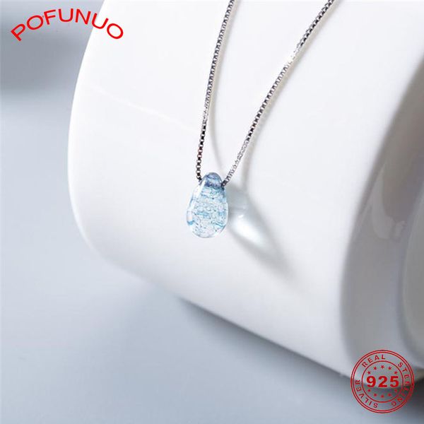 

pofunuo sky blue water drop glazed stone necklace women stylish 925 sterling silver simplicity trendy box chain chokers