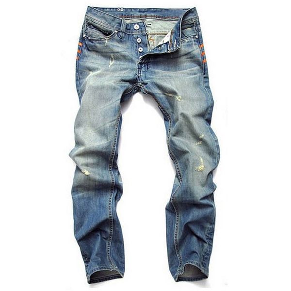 

straight slim cotton casual men jeans daily leisure denim jeans broken hole vintage washed white, Blue