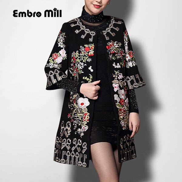 

vintage royal embroidery autumn & winter woolen coats woman windbreaker elegant lady plus size loose trench coat female s-5xl y191102, Black