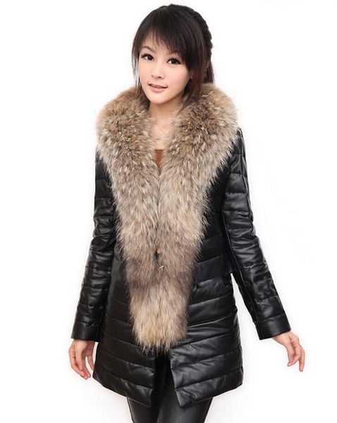 

new large raccoon fur collar long patchwork pu leather fur jackets casual leather overcoats plus isze women coats j1370, Black