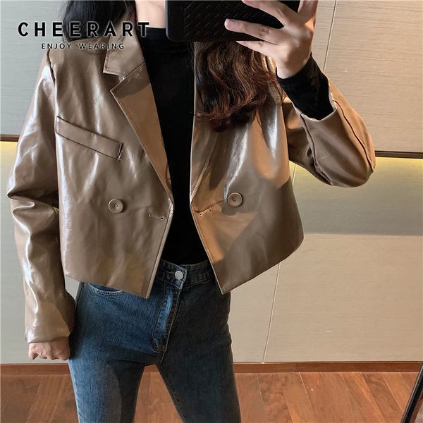 

cheerart cropped leather jacket iridescent coats and jackets women brown korean ladies short jackets spring autumn, Black;brown