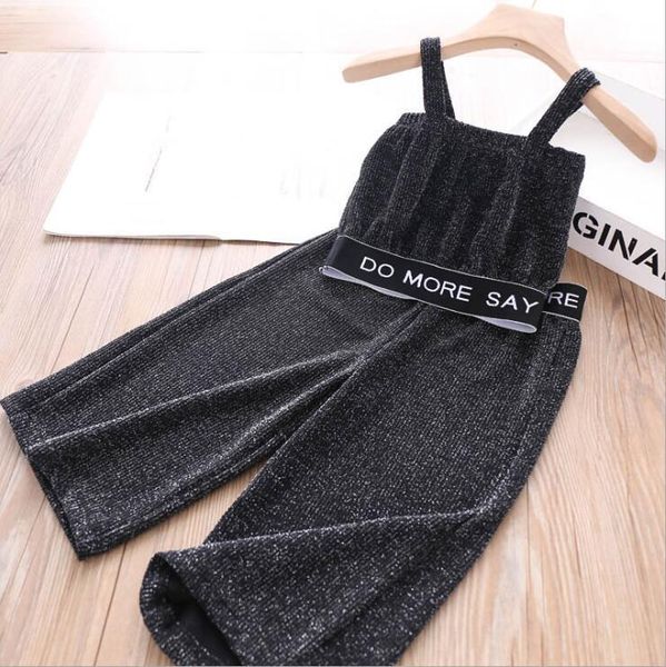 

girls outfits summer baby girls black letter pattern sets strap wide leg pants children clothes wholesale, White