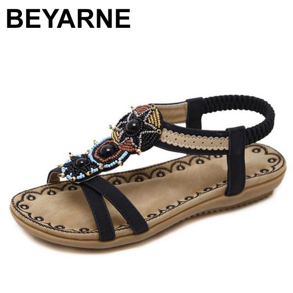 

beyarne 2020 woman sandals bead bohemian clip toe comfortable thong shoes boho elastic band back strap flat beach shoes, Black