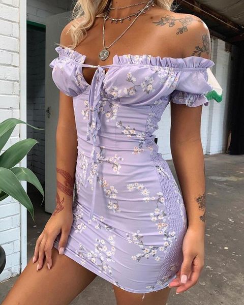 

лето женщин мода элегантный с плеча вскользь lace up slim fit упругие мини платье цветочные печати плеча ruffles платье, Black;gray