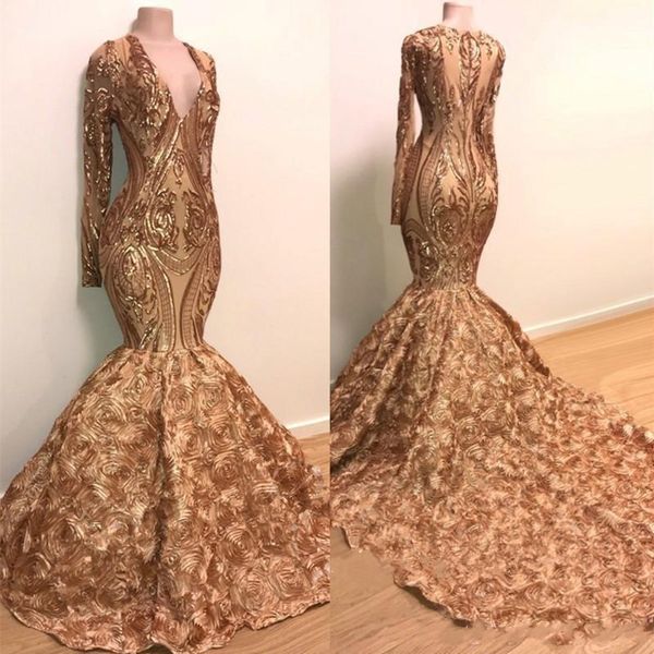 

African Gold Mermaid Prom Dresses 2019 Halter V Neck 3D Flowers Black Girls Evening Dress Long Sleeve Sweep Train Arabic dubai Party Gowns