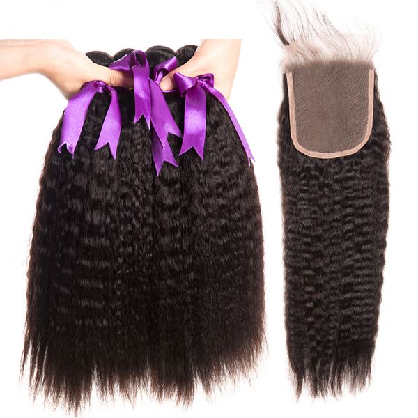 

4 pcs/bag brazilian kinky straight hair bundles with closure kinky straight 4x4 swiss lace closure with human hair bundles yaki hair bundles, Black;brown