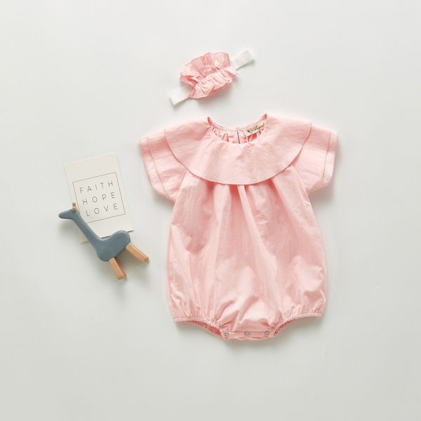 

2pcs baby girls clothing rompers + hairband summer new baby ruffled collar short sleeve pullovers children's rompers, Blue