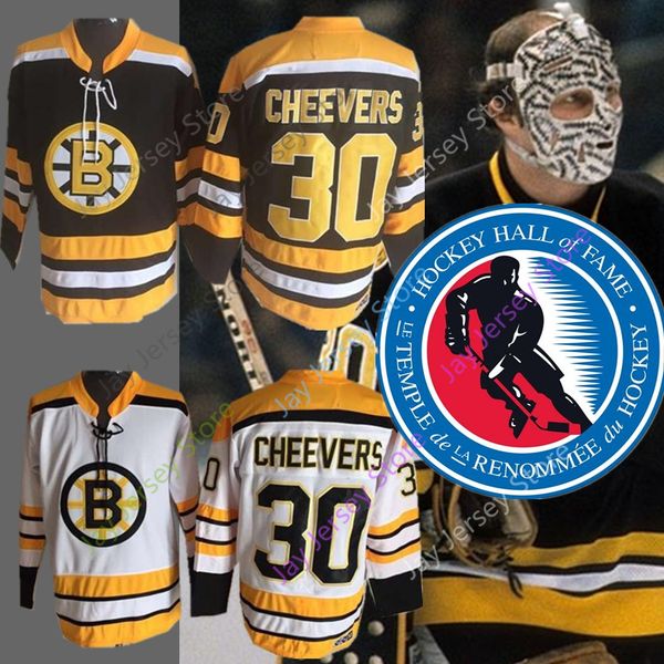 

30 Gerry Cheevers Jersey With 1985 Ice Hockey Hall Of Fame Patch Boston Bruins Jerseys CCM Vintage Black White