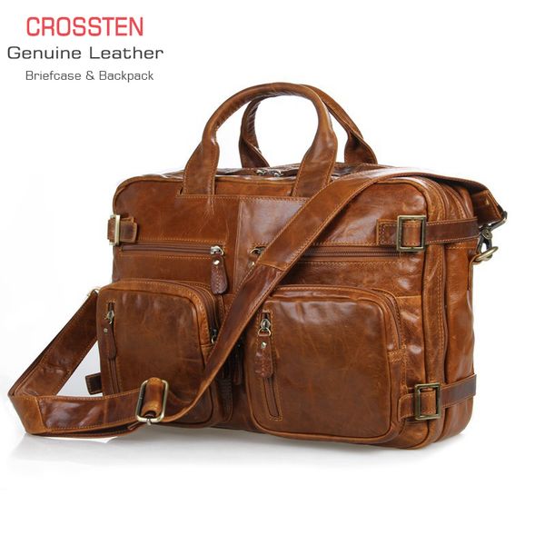 

crossten multifunctional natural cowskin 100% genuine leather men's briefcase large capacity business bag lapmessenger bag