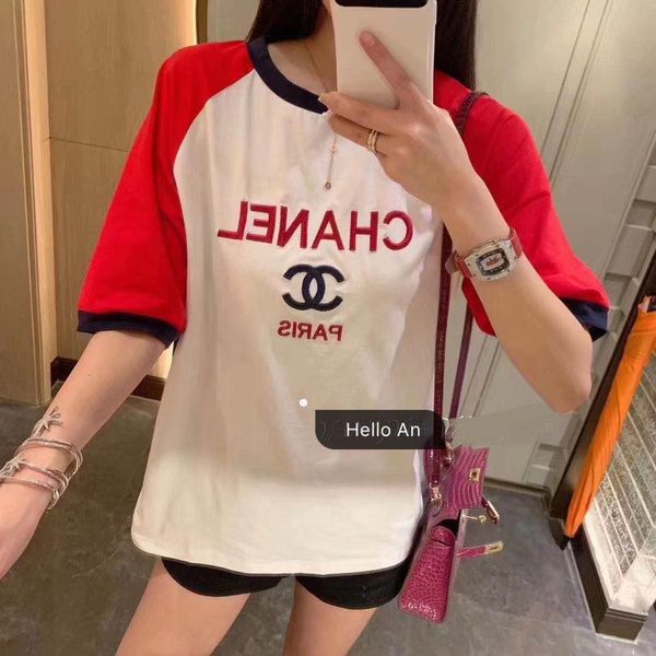 

2020 spring and summer short-sleeved embroidered slanted raglan stitching half-sleeved, red and white, printed letter round neck slimming, t