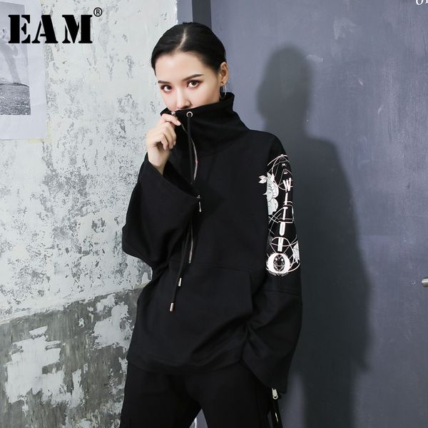 

eam] loose fit pattern overiszed sweatshirt new stand collar long sleeve women big size fashion tide autumn winter 2019 1h590, Black