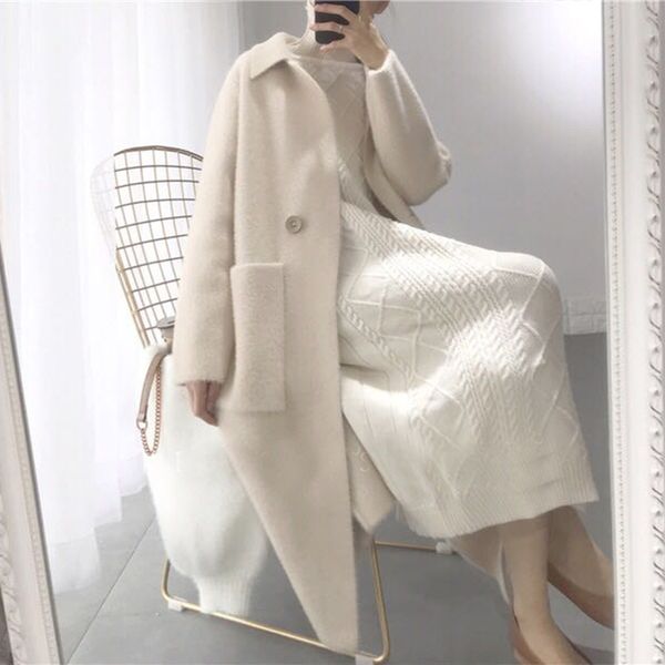 

office lady solid long woolen winter coats turn-down collar wool coat and jacket single button pockets ladies coats, Black