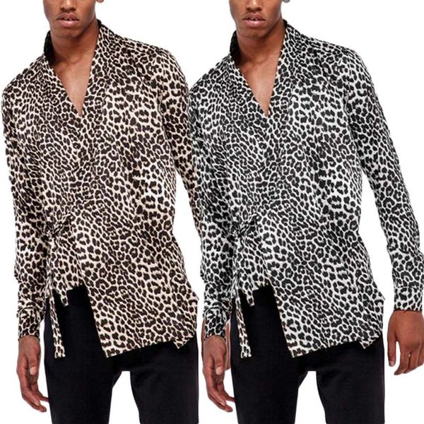 

men's casual shirts incerun man fashion irregular breathable long sleeve v neck shirt causal leopard printed lace up loose blouse s-5x, White;black