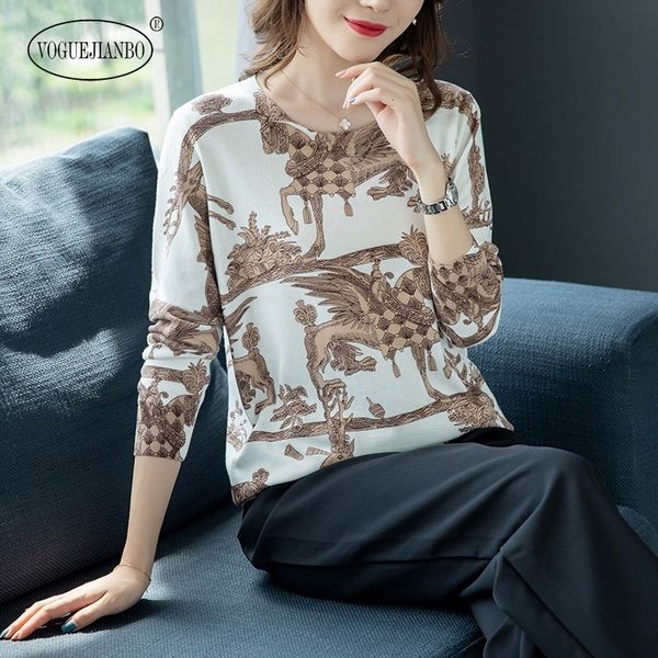 

2020 women's knitwear new fashion print long sleeve modal cotton loose sweater women's round neck jersey mujer pullover, White;black