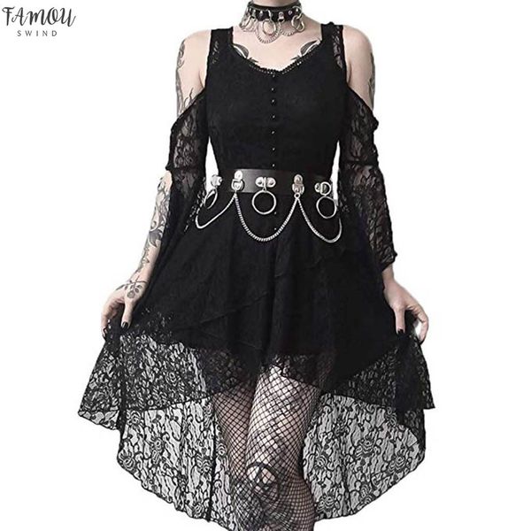 

dress women's fashion dark in love ruffle sleeves off shoulder gothic lace dress vestidos 2020 summer dress fashion wild, Black;gray