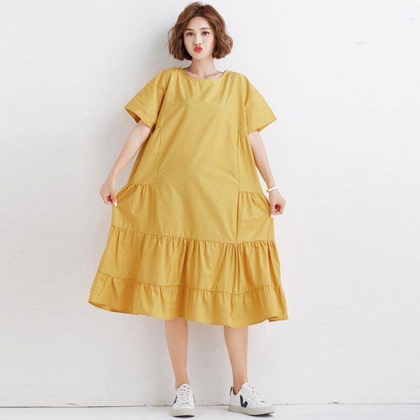 

casual dresses johnature 2021 solid color patchwork loose summer sweet o-neck short sleeve ruffles simple women dress, Black;gray