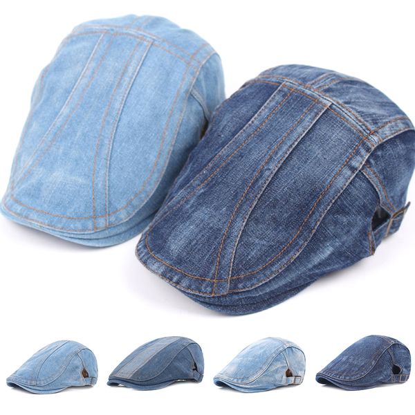 

2019 summer jeans beret hat for men women casual denim beret cap fitted sun cabbie flat cap gorras, Blue;gray