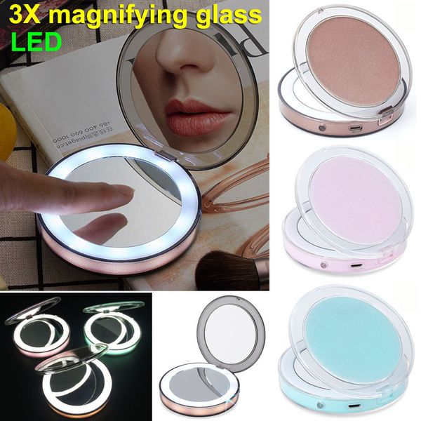 Tragbarer Make-up-Spiegel mit Touchscreen, LED-Leuchten, kosmetischer LED-Spiegel, wiederaufladbare Make-up-Spiegel, 2 Gesichter, 1 x 3 x Lupen, Rand hell