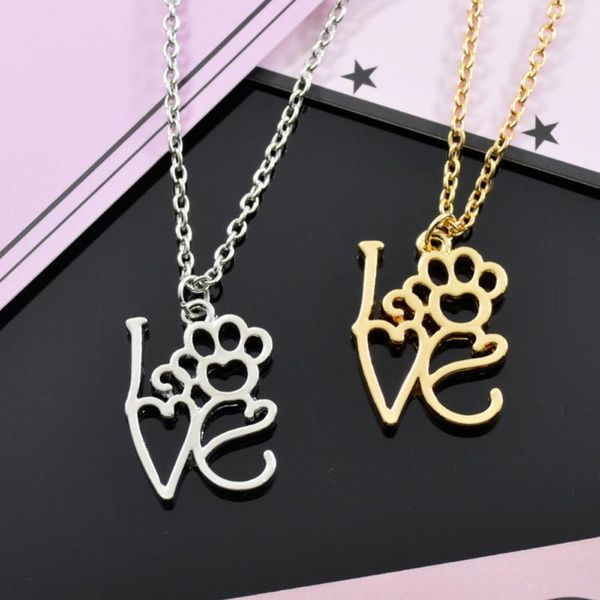 

hollow pet footprint necklaces cute animal dog cat love heart pendant necklace for women girls jewelry necklace a1, Silver
